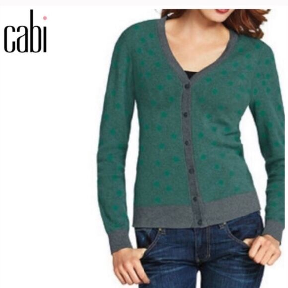NWT Cabi Teal & Gray Polka Dot Button Front Cardigan Sweater Sz S - Picture 1 of 12
